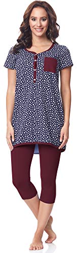 Be Mammy Damen Kurzarm Pyjama mit Stillfunktion BE20-177 (Marineblau-Sterne-Weinrot, L) von Be Mammy