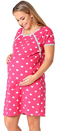 Be Mammy Damen Umstandsnachthemd Schwangerschaft Stillnachthemd mit Knopfleisten BE20-287 (Rosa WeißHerzen, XL) von Be Mammy