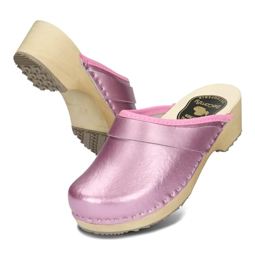 BeComfy Damen Clogs Holzschuhe mit Holzsohle Echtleder Holzclogs Metallic Gold Silber Rosa 35 36 37 38 39 40 41 EU (Rosa, EU Schuhgrößensystem, Erwachsene, Numerisch, Breit, 41) von BeComfy