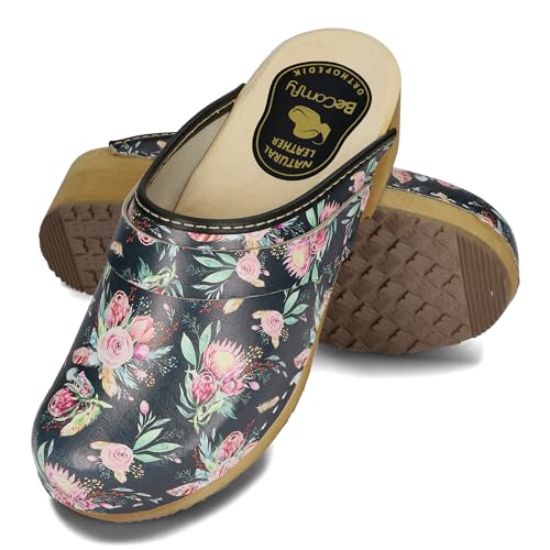 BeComfy Damen Leder Clogs Schuhe mit Holzsohle Echtleder Holzclogs Blumen Blau Weiß 35-41 EU (Schwarz Rosa, EU Schuhgrößensystem, Erwachsene, Numerisch, Breit, 41) von BeComfy