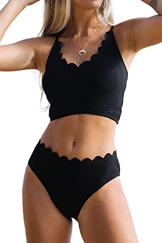 Beachsissi Damen-Bikini-Set mit süßem gewelltem Saum, gerippt, mit Schnürung am Rücken, einfarbig, schwarz, X-Large von Beachsissi