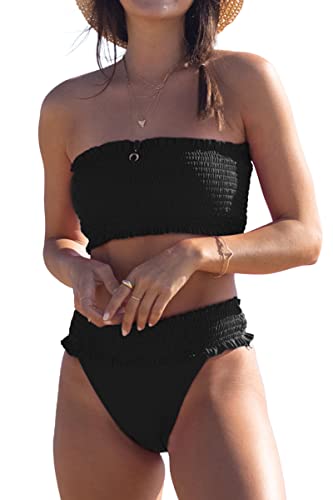 Beachsissi Damen Gesmokte Zweiteilige Badeanzüge Stringy Selvedge Solid Bikini Sets, Schwarz, L von Beachsissi