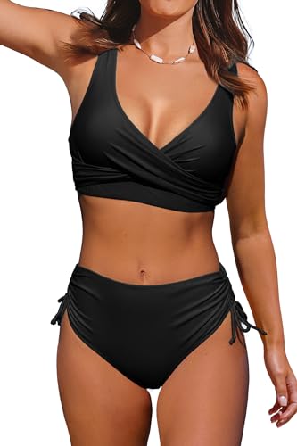 Beachsissi Damen Hoch taillierte Badeanzüge Criss Cross Drawstring Side Bikini Sets Lace Up 2 Stück Badeanzüge, Schwarz, S von Beachsissi