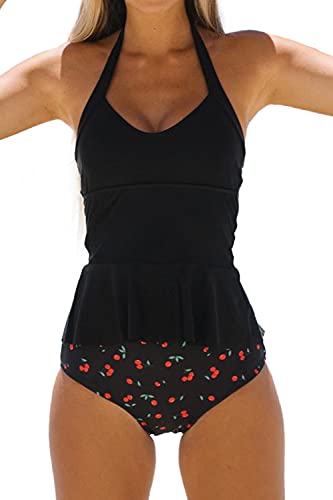 Beachsissi Damen Hoch taillierte Zweiteilige Badeanzüge Cherry Print Neckholder Tummy Control Padded Tankini Sets, Schwarz, M von Beachsissi