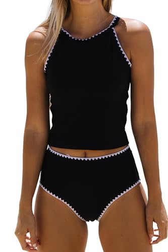 Beachsissi Damen-Tankini-Set, mit weißem Rand, Rundhalsausschnitt, Schwarz, Schwarz, Large von Beachsissi