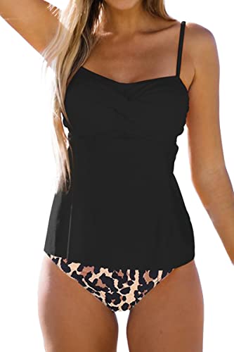 Beachsissi Damen Zweiteilige Badeanzüge Leopardenmuster Bikini Twist Vorne Badeanzüge Gepolsterte Niedliche Tankini-Sets (L, Schwarz) von Beachsissi