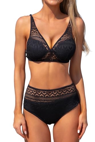 Damen Spitze Patchwork V Ausschnitt Sexy Bikini Set Hohe Taille Zweiteiler, schwarz, Small von Beachsissi