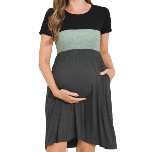 Bearsland Women’s Short Sleeve Maternity Dresses Patchwork Pregnancy Dress with Pocket, Light Green, M von Bearsland