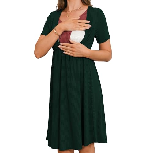 Bearsland Women’s Short Sleeve Patchwork Maternity Nursing Dress for Breastfeeding, Deep Green, XL von Bearsland