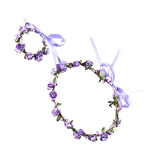 Beaupretty Haarreifen Blumenkopf Kranz Blumen- Haargummis Für Mädchen Blumenarmband Blumenkorsagenarmband Blumenkopfschmuck Blumenkranz Party-kopfschmuck Hochzeit Braut Haarring Violett von Beaupretty