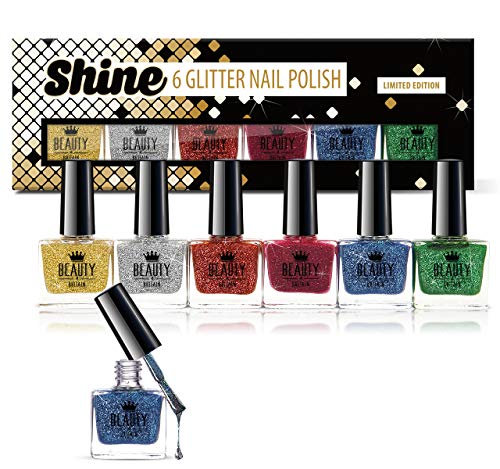 Beauty4Britain Shine 6 Glitzerfarben, Geschenkbox, 6 leuchtende Farben, 10 ml, Glitter Nail Polish von Beauty4Britain
