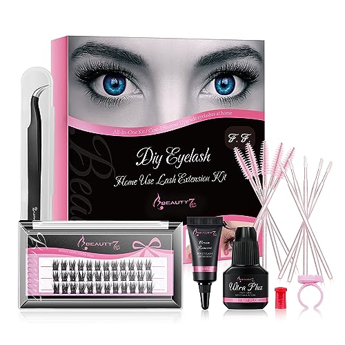 Beauty7 DIY Wimpernverlängerung Kit Wimpern Einzeln Set mit Kleber und Entferner Cream DIY Wimpern Extensions Kit Einzeln Volumen Cluster Wimpern Wimpern Starter Kit mit Pinzette Feather Fan Lashes von Beauty7