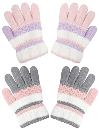 Becellen 2 Paar Handschuhe Kinder Winter, Vollfinger Warme Strickhandschuhe Thermo Bunte Stricken Fingerhandschuhe für Mädchen 4-10 Jahre Alt von Becellen