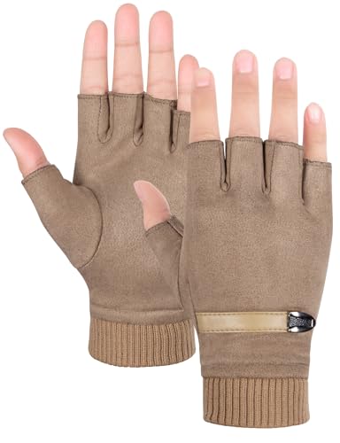 Becellen Fingerlose Wildleder Handschuhe, Thermo Halb Handschuhe Touchscreen Winterhandschuhe für Herren Damen von Becellen