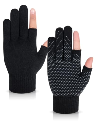 Becellen Rutschfest Strickhandschuhe, Fingerlose Thermisch Handschuhe Touchscreen Winter Gestrickte Glove für Herren Damen von Becellen