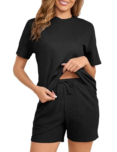 Becotal Schlafanzug Damen Kurz Pyjama Sommer Baumwolle Zweiteiler Nachtwäsche Gerippt Kurzarm Hausanzug Outfit Shorty Frauen Loungewear Top und Short Set, Schwarz, M Becotal Schlafanzug Damen Kurz Pyjama Sommer Baumwolle Zweiteiler Nachtwäsche Gerippt Kurzarm Hausanzug Outfit Shorty Frauen Loungewear Top und Short Set, Schwarz, M von Becotal