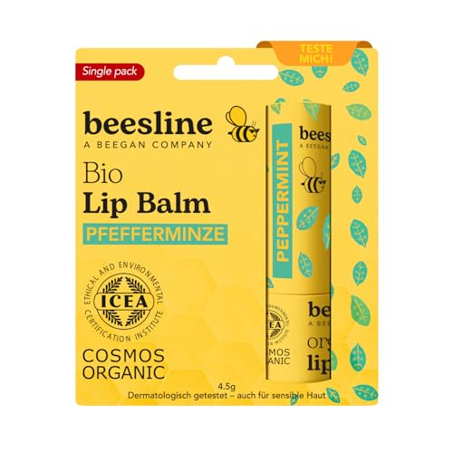 BEESLINE Organic Lip Balm Peppermint für trockene Lippen, hochwertiger Lippenbalsam mit Bienenwachs und Pfefferminze, Lipstick mit Beeswax, beegan von BEESLINE