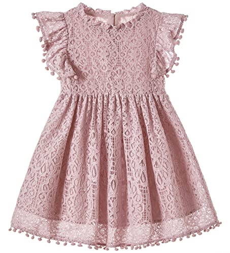 Beganly Mädchen Elegante Prinzessin Spitzenkleid Kleinkind Vintage Pom Pom Flatterärmel Party Kleider Staubiges Rosa 130 (Dusty Pink) von Beganly