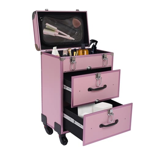 Begoniape Kosmetikkoffer Trolley Schminkkoffer 3 Fächer Make up Organizer Aluminium Multikoffer Kosmetik Trolley Nagelkoffer Beautycase Friseurkoffer mit Rollen und Metallschlösser Rosa von Begoniape