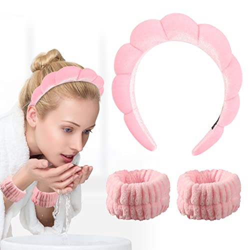 Bekecidi 3 Stück Spa Stirnband Handgelenk Waschband Set Make-up-Stirnband und Armband für Gesichtswäsche Hautpflege Mikrofaser Handgelenk Handtuchband Haarbänder Haarzubehör für Frauen Mädchen (Rosa) von Bekecidi