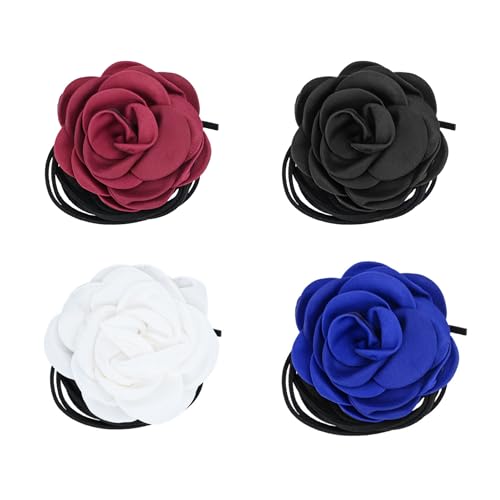 Bekecidi 4 Stück Blumen Halsband, kreative Samt Rosen Blumen Halskette für Frauen und Mädchen Retro Blumen lange Krawatten Hals Accessoires für Hochzeit Geburtstag Abschlussball, Party, 4 Farben von Bekecidi