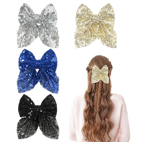 Bekecidi 4 Pack Schleifen-Haarspangen, 4,33 Zoll Glitzer-Haarschleifen Party-Haarschleifen Clips Rosa Lila Haar-Accessoires für Mädchen, Kleinkinder, Kinder, Weihnachten, Geburtstag von Bekecidi