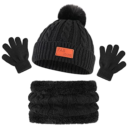 Bekecidi Kinder Wintermütze Schal Handschuh Set Warmen Babymütze Beanie Hut Strickmütze Loop Schal Mütze und Handschuhe Winterschal Set Geschenke Für Jungen und Mädchen 1-5 Jahre (Schwarz) von Bekecidi