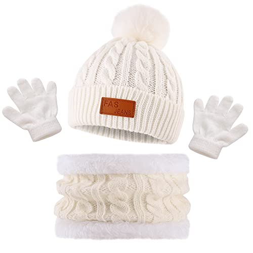 Bekecidi Kinder Wintermütze Schal Handschuh Set Warmen Babymütze Beanie Hut Strickmütze Loop Schal Mütze und Handschuhe Winterschal Set Geschenke Für Jungen und Mädchen 1-5 Jahre (Weiß) von Bekecidi