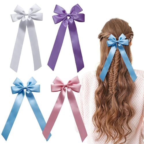 Bekecidi Seidige Satin-Haarschleifen, Haarschmuck, französischer langer Schwanz, Haarspangen, Schleife, Metall-Clips, Pferdeschwanz-Halter, Haarschmuck für Damen und Mädchen, Blau, Weiß, Rosa, von Bekecidi