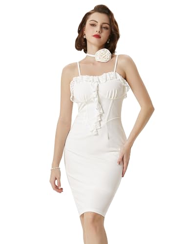 Damen Elegant Midilang Abendkleid für Hochzeit Vintage Abendkleider mit Schlitz Vintage Kleid mit Rückenschlitz Spaghetti-Träger Retro Bodycon Kleid Weiß XL BP0874S24-02 von Belle Poque