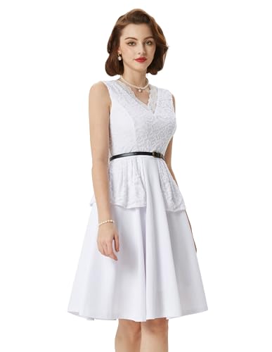 Damen Elegante Partykleider Rockabilly Kleid Retro Ballkleid Valentinstag Spitze Patchwork Kleider mit Gürtel Ärmellos V-Ausschnitt A-Linie Kleider Weiß XXL BP0875S24-03 von Belle Poque