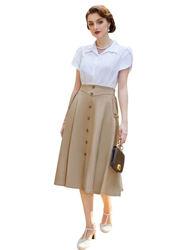 Damen Elegante Rock mit Schlitz Swing 50s Rock mit Schlitz Knielang Rockabilly Retro Rock mit Hohe Taille Rock mit A-Linie Saum Kamel XL von Belle Poque