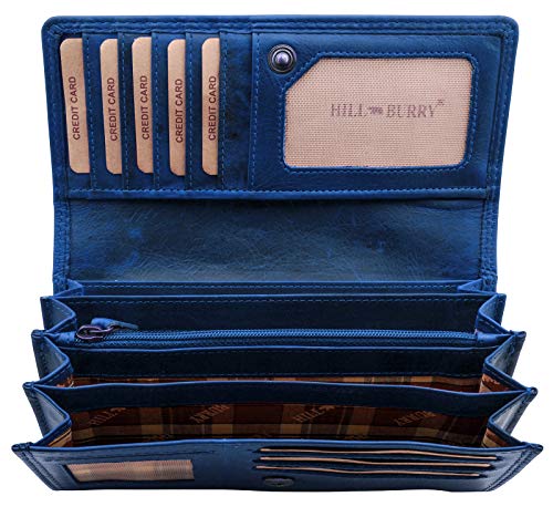BelleBay HillBurry Damen Leder Geldbörse | RFID Portemonnaie aus weichem Echt-Leder | Lange Vintage Damenbörse | Frauen Geldbeutel Hochwertig (Blau) von BelleBay