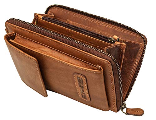 Hill Burry Damen Handy Umhängetasche Leder Rfid | Portemonnaie aus weichem hochwertigem Rindsleder - Vintage Leder Geldbörse | Handtasche - Handgelenktasche - Handschlaufe | Schultertasche (Braun) von BelleBay