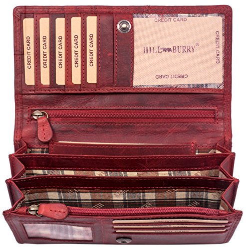 Hill Burry Geldbörse Damen | Echt Leder Portemonnaie mit RFID-Schutz | Frauen Geldbeutel aus echtem Leder | Hochwertige Vintage Langbörse | Damenbörse (Rot) von BelleBay