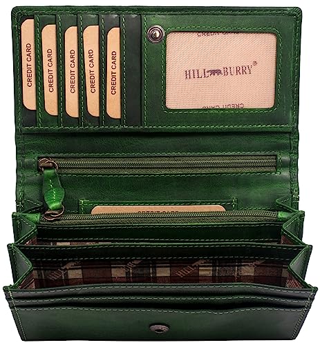 Hill Burry Geldbörse Damen Leder | Echt Leder Portemonnaie Frauen mit RFID Schutz - Hochwertiges Portmonee aus echtem Leder | Weiche Vintage Damenbörse mit Kartenfächer (Grün) von BelleBay