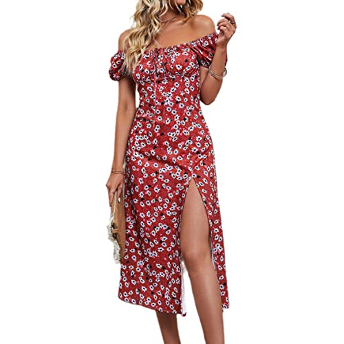 Bellezasourire Damen Sommer Casual Kleid Lang Kleider Spaghettiträger ärmelloser mit hohem Schlitz Kleid Sexy Maxikleid Strandkleid Cocktailkleid Blumendruck Partykleid (Weinrot B,L) von Bellezasourire