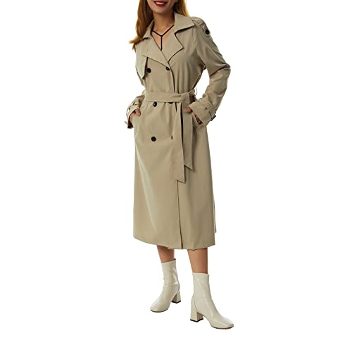 Bellezasourire Damen Trenchcoat Zweireiher Langer Mantel Damen Oversized Trenchcoat Lang Leicht Parka Jacke mit Gürtel Gehschlitz Winddichter Mantel Klassische Herbst Frühling Jacke (L, Khaki) von Bellezasourire