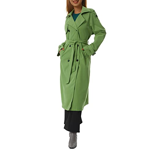 Bellezasourire Damen Trenchcoat Zweireiher Langer Mantel Damen Oversized Trenchcoat Lang Leicht Parka Jacke mit Gürtel Gehschlitz Winddichter Mantel Klassische Herbst Frühling Jacke (XL, Armeegrün) von Bellezasourire