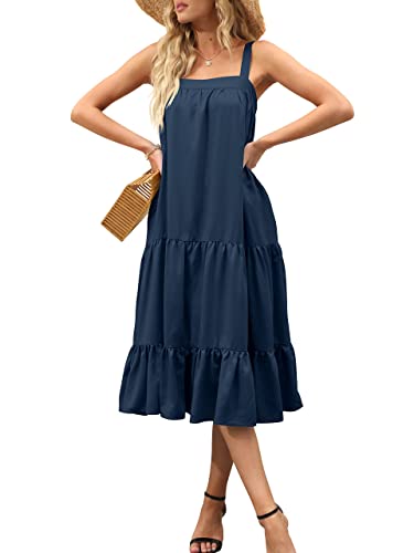 Bellezasourire Sommerkleid Damen Knielang Ärmellos Sexy Kleid Damen Elegant Einfarbig verstellbares Trägerkleid Strandkleid Tunikakleid Partykleid Rückenfrei Kleider mit Taschen(Dunkelblau,L) von Bellezasourire