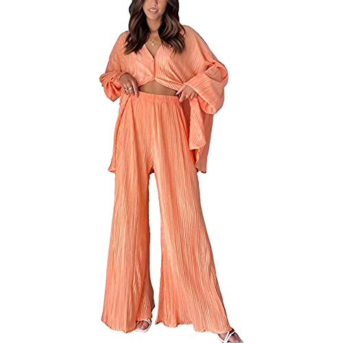 Bellezasourire Zweiteiler Damen Sommer Loungewear Set Elegant Hosenanzug Kurzarmshirt + Einfarbige Freizeithose Weite Hose Herbst Outfit Casual Streetwear Trainingsanzug (B-Orange, S) von Bellezasourire