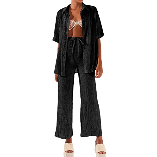 Bellezasourire Zweiteiler Damen Sommer Plissee Set Elegant Hosenanzug Button Down Langarmshirt + High Waist Freizeithose Weite Hose Sommer Herbst Outfit Casual Loungewear Streetwear (L,Schwarz C) von Bellezasourire