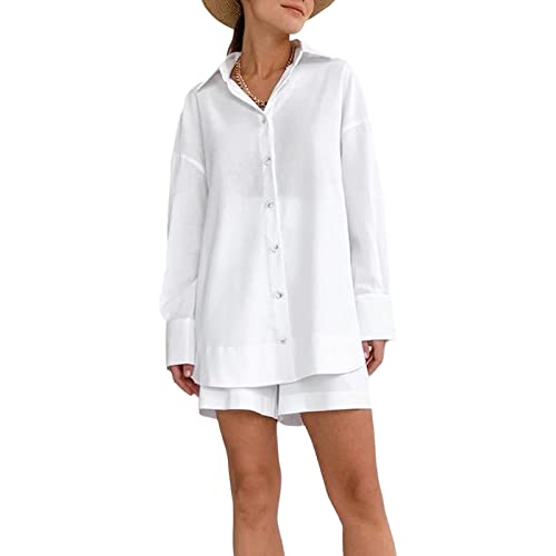 Bellezasourire Zweiteiler Damen Sommer Plissee Set Elegant Hosenanzug Button Down Langarmshirt + High Waist Freizeithose Weite Hose Sommer Herbst Outfit Casual Loungewear Streetwear (L,Weiß K) von Bellezasourire