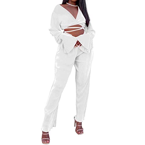 Bellezasourire Zweiteiler Damen Sommer Plissee Set Elegant Hosenanzug Button Down Langarmshirt + High Waist Freizeithose Weite Hose Sommer Herbst Outfit Casual Loungewear Streetwear (M,Weiß G) von Bellezasourire