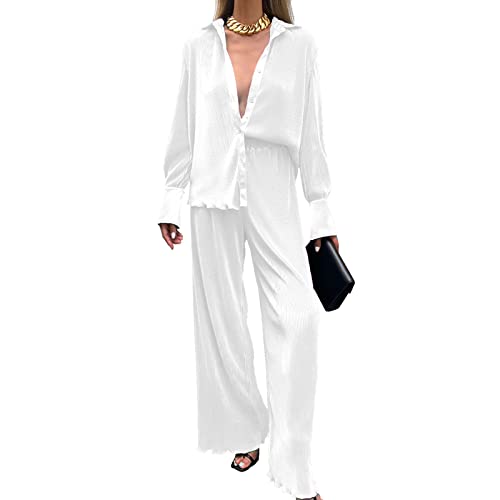 Bellezasourire Zweiteiler Damen Sommer Plissee Set Elegant Hosenanzug Button Down Langarmshirt + High Waist Freizeithose Weite Hose Sommer Herbst Outfit Casual Loungewear Streetwear (M,Weiß H) von Bellezasourire