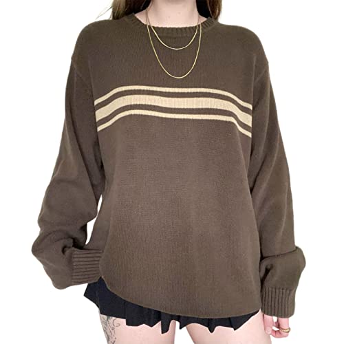 Damen Pullover Tunika Tops Vintage Pullover Sweatshirt Langarm Tops Rundhalsausschnitt Gestreift Herbst Winter Strickpullover Tops Freizeit T Shirts(S,Braun) von Bellezasourire