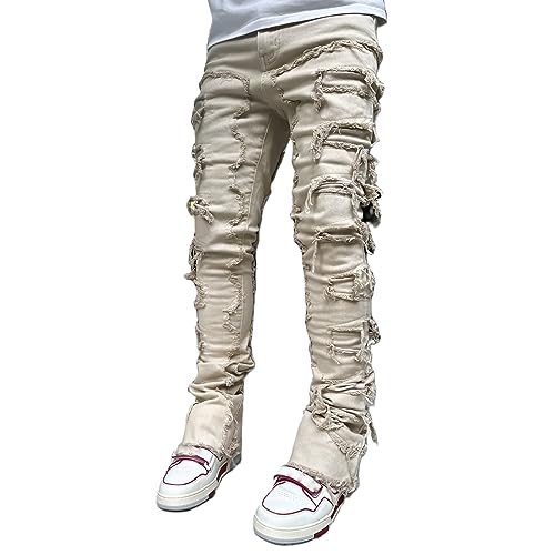 Herren Destroyed Stretch Jeans Slim Fit Jeans Skinny Hip Hop Denim Hose Mit Löchern Für Männer Zerrissene Jeans Schwarze Vintage Freizeithose (Beige, XXL) von Bellezasourire