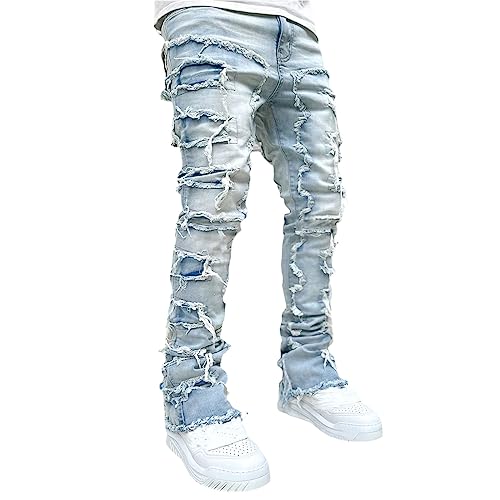 Herren Destroyed Stretch Jeans Slim Fit Jeans Skinny Hip Hop Denim Hose Mit Löchern Für Männer Zerrissene Jeans Schwarze Vintage Freizeithose (Hellblau, M) von Bellezasourire