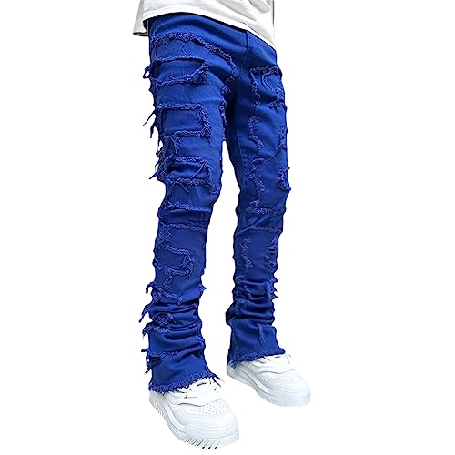 Herren Destroyed Stretch Jeans Slim Fit Jeans Skinny Hip Hop Denim Hose Mit Löchern Für Männer Zerrissene Jeans Schwarze Vintage Freizeithose (Königsblau, M) von Bellezasourire