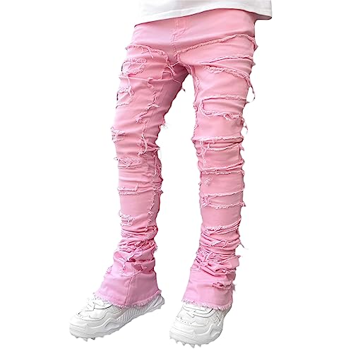 Herren Destroyed Stretch Jeans Slim Fit Jeans Skinny Hip Hop Denim Hose Mit Löchern Für Männer Zerrissene Jeans Schwarze Vintage Freizeithose (Rosa, S) von Bellezasourire